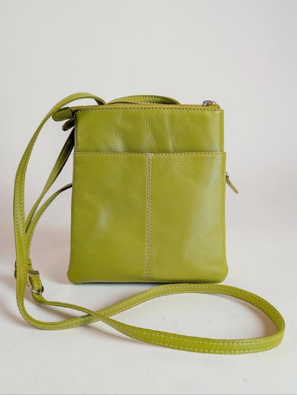 ILI Italian Leather Lime Green Crossbody Bag Leopard Lining Multi Zip Purse